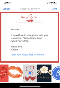 Imagem de um exemplo de papel de carta no Yahoo Mail para iOS.